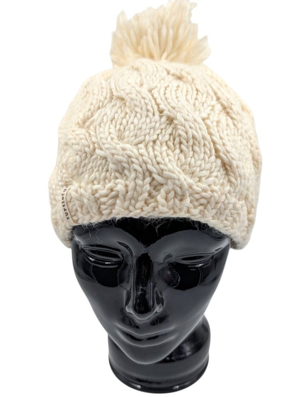 Turtle Fur Unisex OS Cream Merino Wool Blend Wave On Wave Knit PomPom Beanie Hat